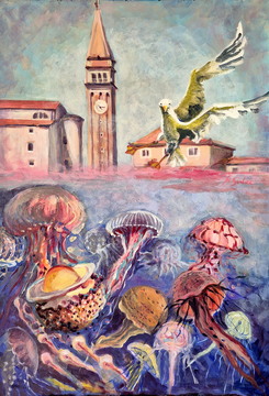 Piran, akril-platno, 70x100 cm, 2025, Mojca Godec
